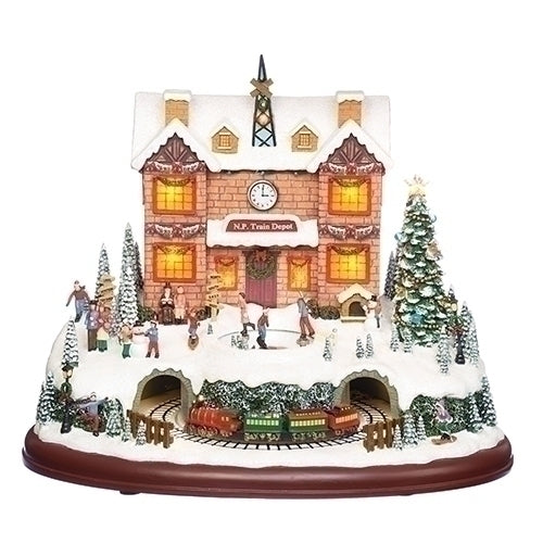 11.5"H Lighted Musical Rotating North Pole Train Depot & Skating Scene