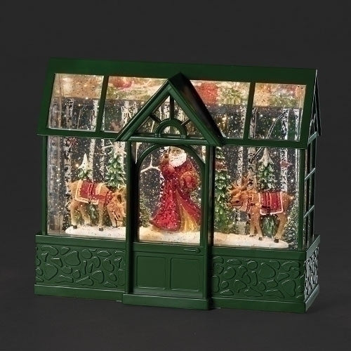 Lit Swirl Greenhouse, Santa and Deer Water Globe, 8"H