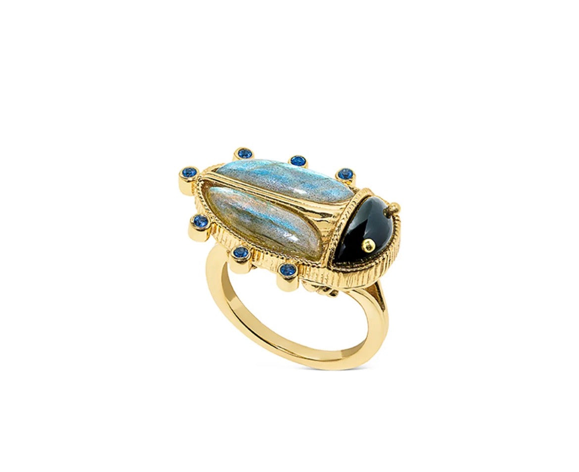 Capucine de Wulf Blue Labradorite / Black Agate Scarab Ring