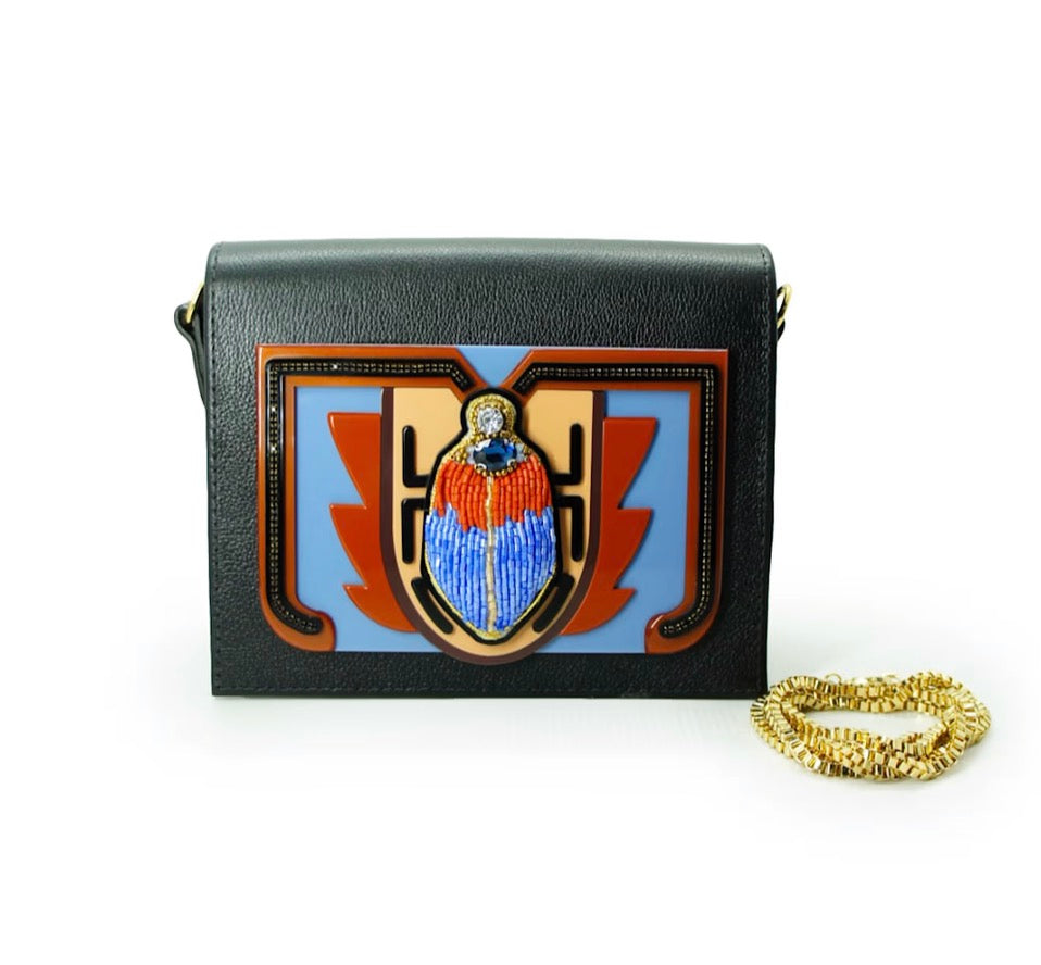 Gissa Bicalho Acrylic Bag Blue Scarab Leather Embroidered Black