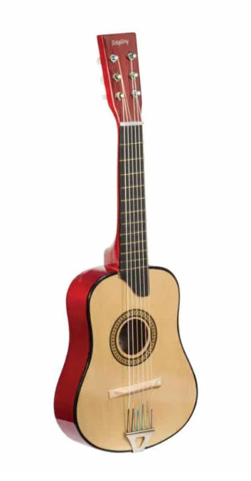 Strum along to your favorite tune or rock out in a band with our wooden guitar! Features a wooden bridge, metal tail piece, ivory-like tuning pegs and nylon strings Packaged in a decorated box with an extra string, pick and detailed tuning instructions.