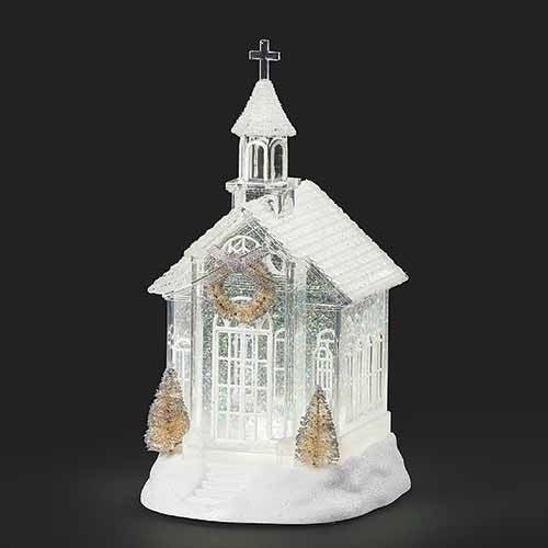 10.25"H LED Swirl White Church with Tree and Wreath