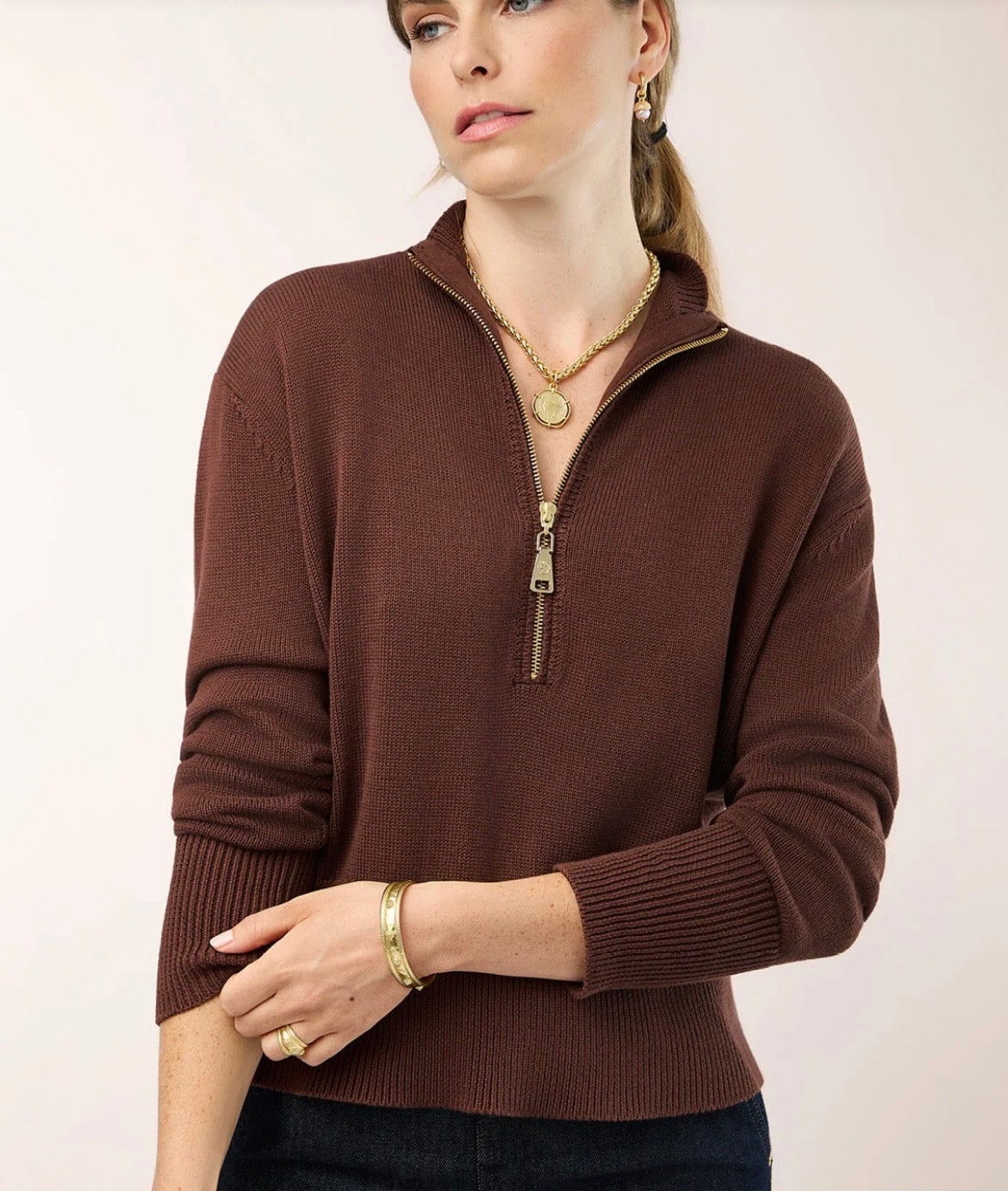 Spartina Carlie Half Zip Sweater Deep Mahogany