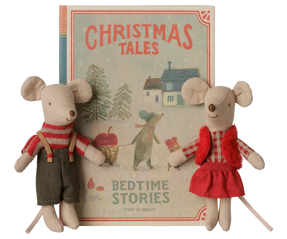 Maileg Christmas Twin Mice, little sister and brother in book