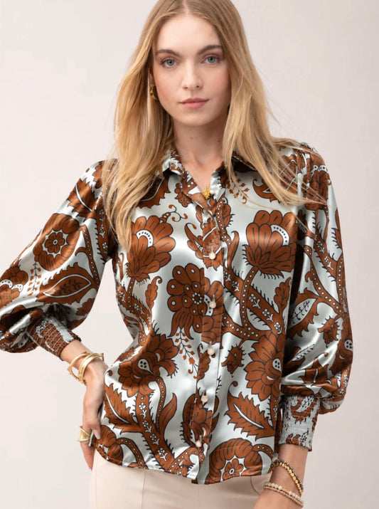 Spartina Aliya Silk Blouse Tabby Vine Sea Foam
