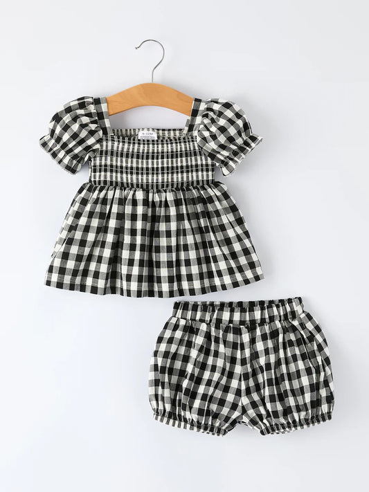 Plaid Girl Smocked Set Puff Sleeve Bloomer Set