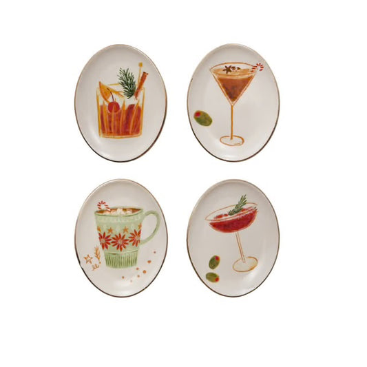 Oval Stoneware Dish with Cocktail Image, 4 Styles
