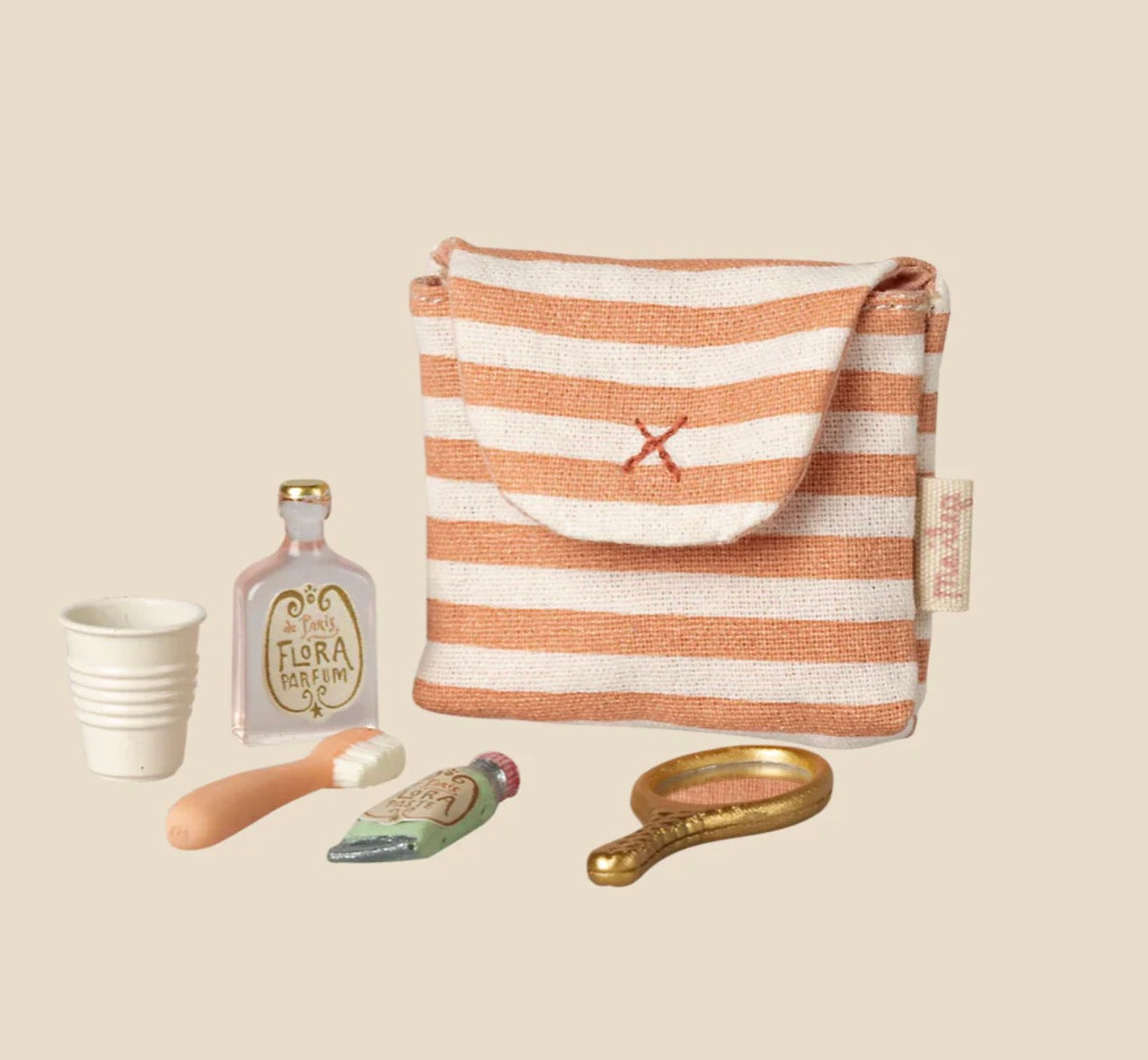 Maileg Toothbrush set in bag, Coral Stripe