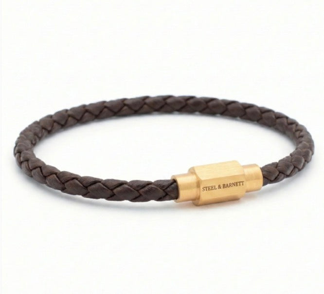 Steel & Barnett Thin Braided Brown Men's Leather Bracelet with Plated 18K Gold Clasp