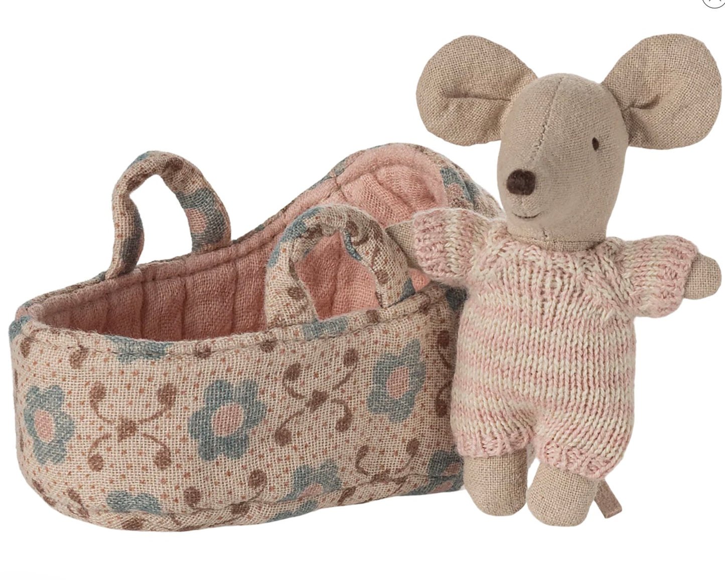Maileg Baby Mouse in Carry Cot- Rose