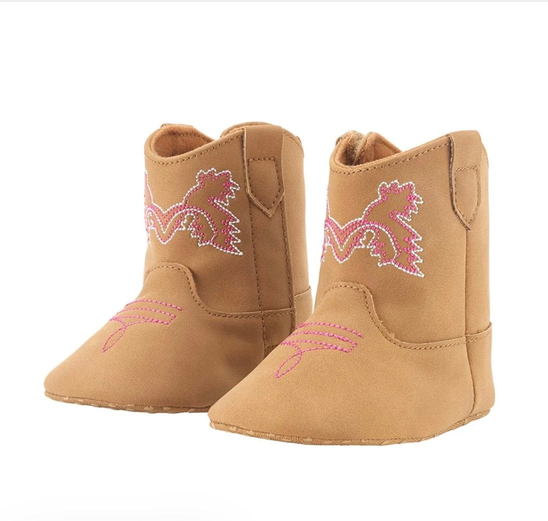 Cowboy Boots - Tan + Pink Stitching 6-12 months