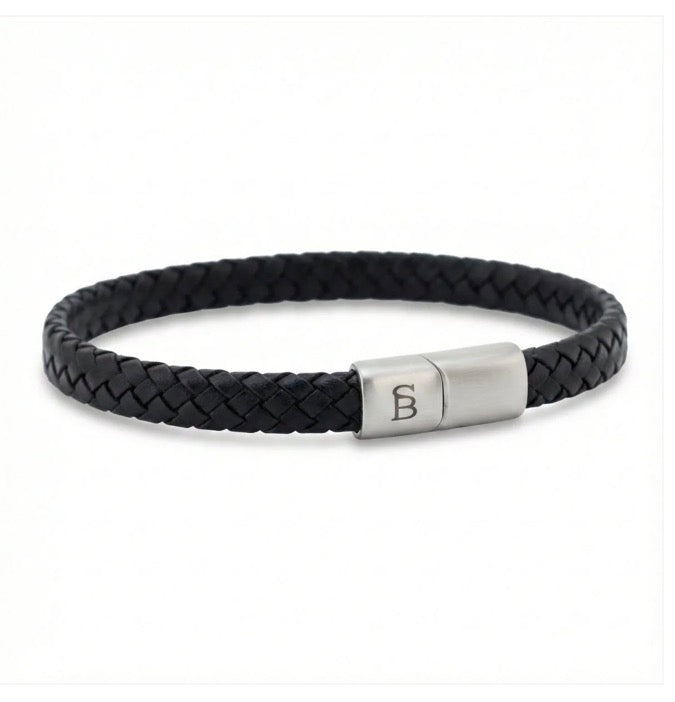 Steel & Barnett Black Leather Braided Bracelet For Men