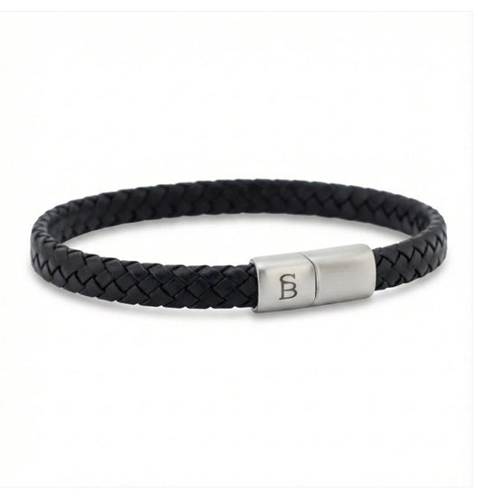 Steel & Barnett Black Leather Braided Bracelet For Men