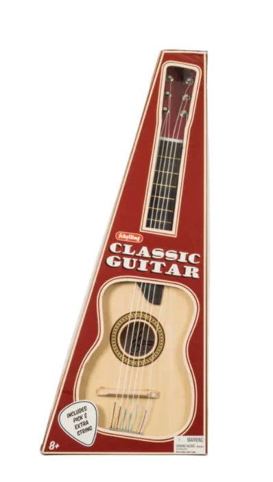 Strum along to your favorite tune or rock out in a band with our wooden guitar! Features a wooden bridge, metal tail piece, ivory-like tuning pegs and nylon strings Packaged in a decorated box with an extra string, pick and detailed tuning instructions.