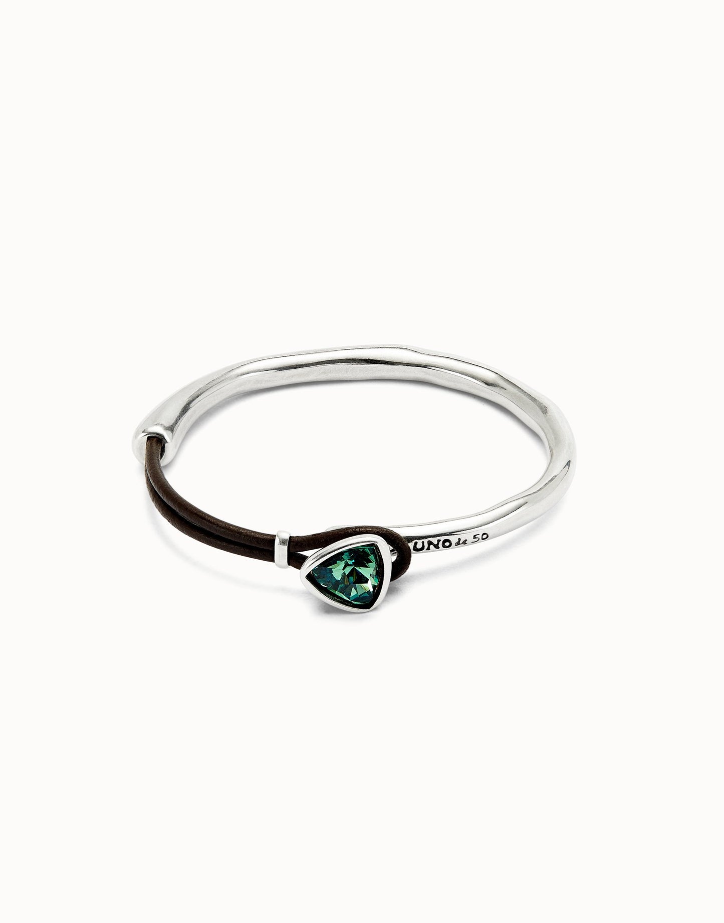 Bangle bracelet with leather and green crystal Silver