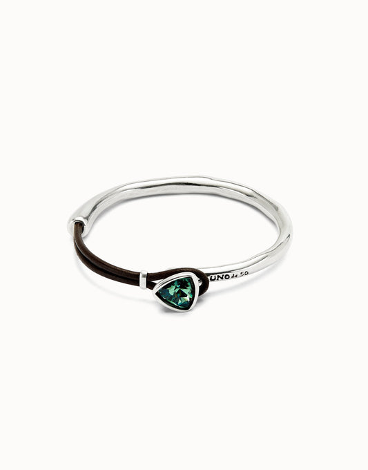 Bangle bracelet with leather and green crystal Silver