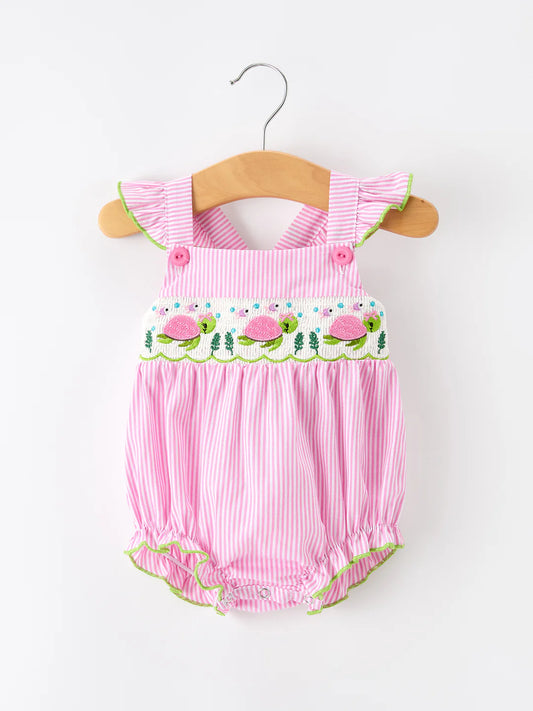 Turtle Girls Romper Pink Stripe Ruffle Strap Smocked