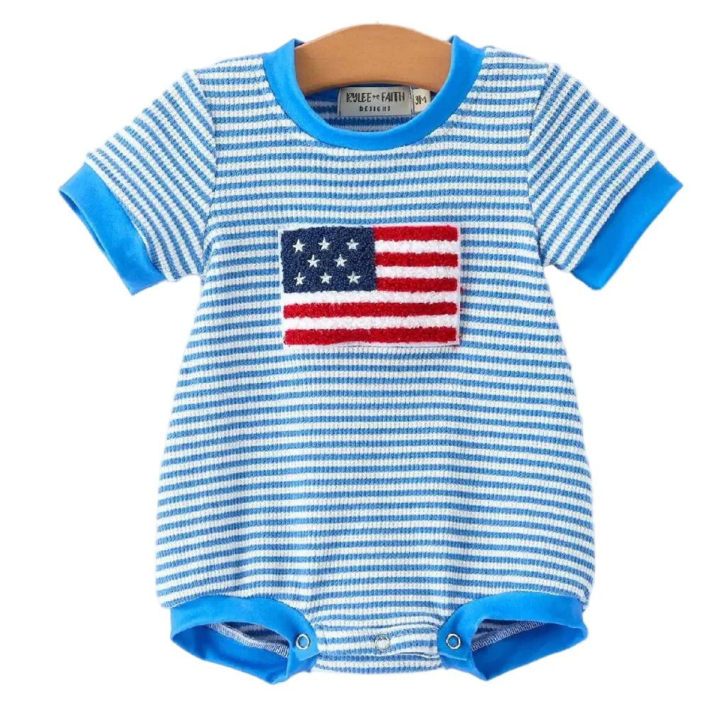 4th of July Flag Chenille Baby Boy Romper Blue Stripe