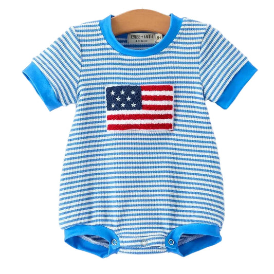 4th of July Flag Chenille Baby Boy Romper Blue Stripe