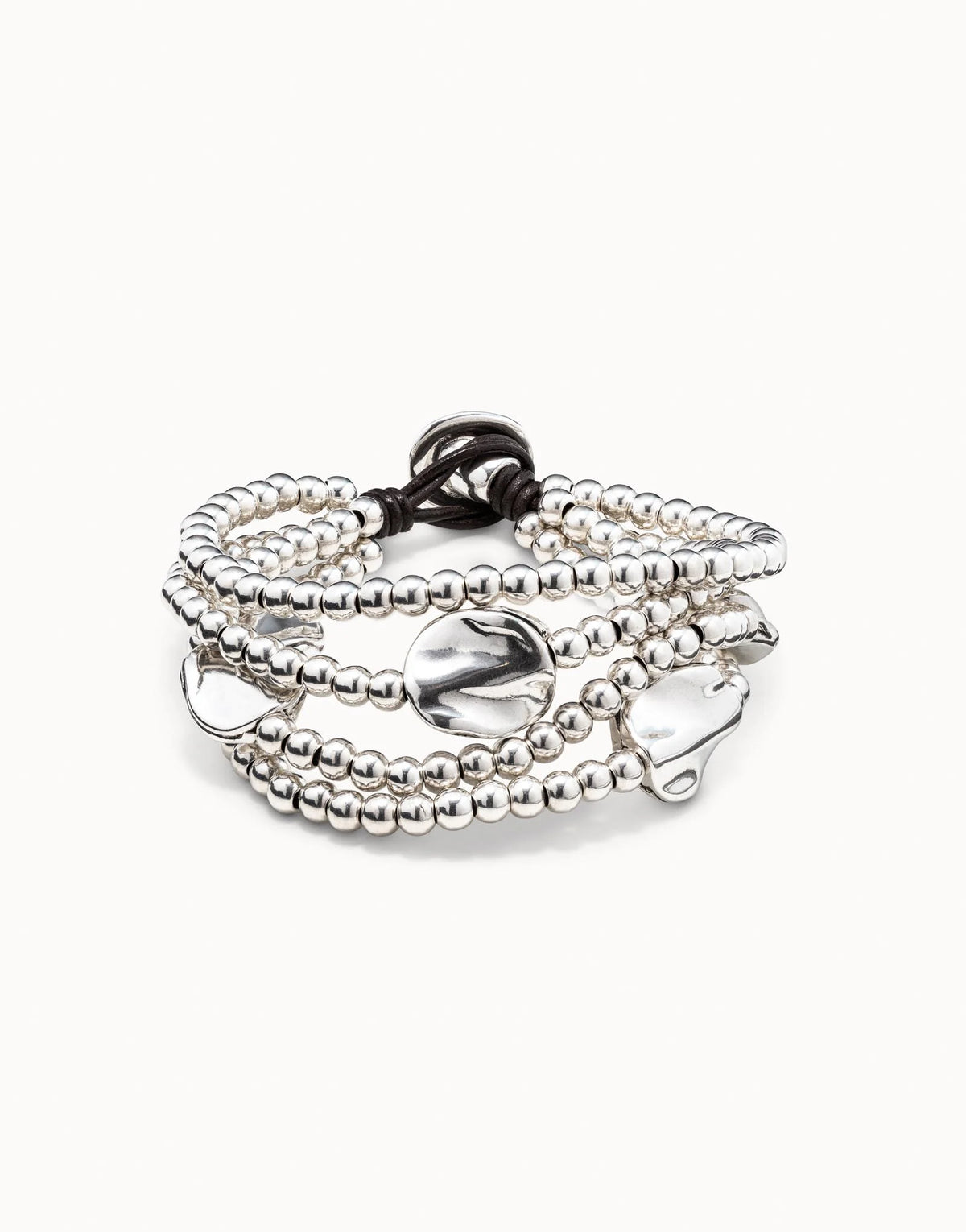 UNOde50 Three Strand Leather Beaded Bracelet - Silver / Brown Leather