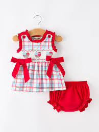Plaid Girl Smocked Set Puff Sleeve Bloomer Set